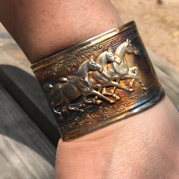 Horse Sterling Silver Wide Cuff Bracelet 925 Handmade Gift Victorian Western - Picture 6 of 10